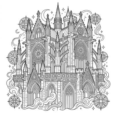 Step into a world of mysterious beauty with this stunning Gothic architecture coloring page, perfect for an imaginative vacation. Featuring intricate details of an old-world castle and ethereal elements, it promises a uniquely captivating creative escape.