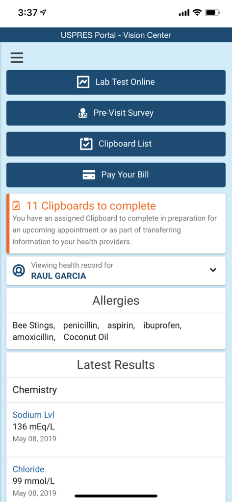 HealtheLife mobile app dashboard displaying patient health records, allergies, and lab test results.