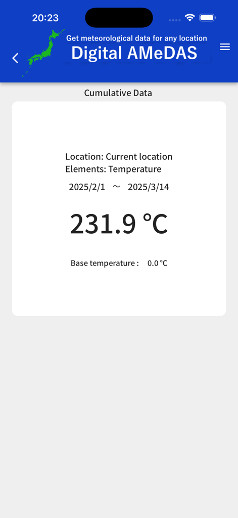 Digital AMeDAS - Digital AMeDAS app interface displaying cumulative temperature data for the current location.