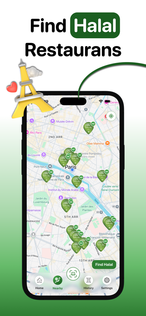 Halal Scanner & حلال Food Scan - A mobile screen displaying a map of Paris with green pins identifying Halal restaurant locations and their user ratings.