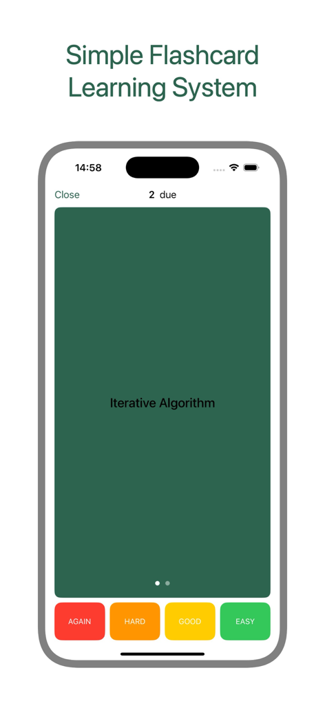 Cognito — AI Flashcards - Pantalla de aplicación móvil de Cognito AI Flashcards mostrando una tarjeta de memoria para Algoritmo Iterativo con botones de calificación de dificultad