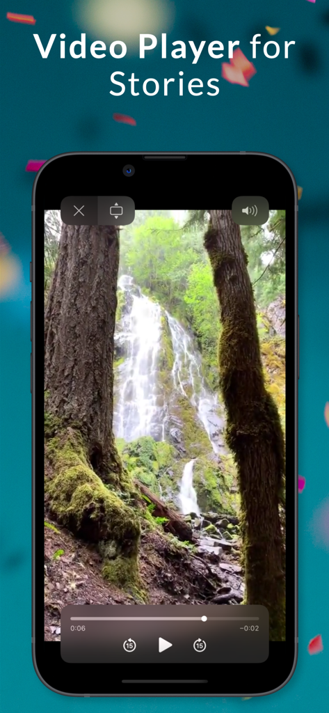 Story Viewer · Saver by Picuki - Picuki app video player interface showing a waterfall video from a story.
