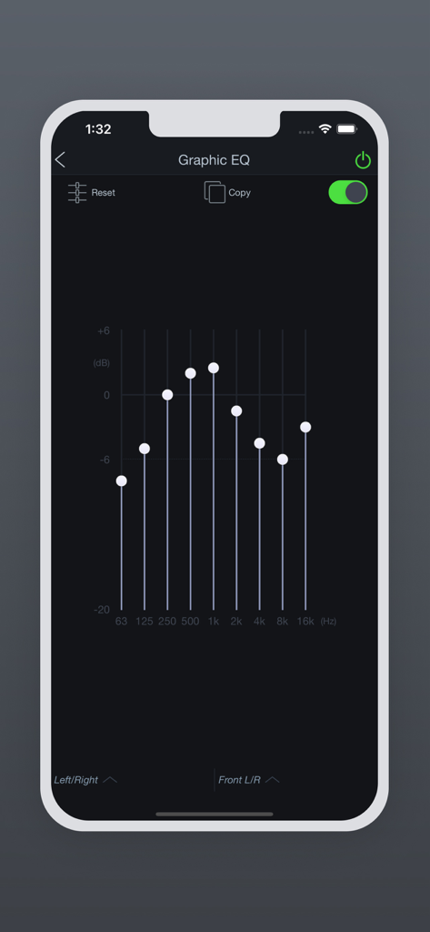 Interfaccia dell'equalizzatore grafico nell'app Denon AVR Remote.