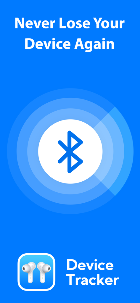 Device Tracker - Tela do aplicativo Localizador de Dispositivos com um ícone de radar Bluetooth e o título Nunca Perca seu Dispositivo Novamente