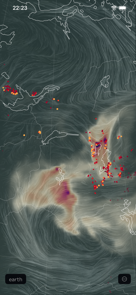 Interactive map visualization of wind patterns and wildfire smoke plumes