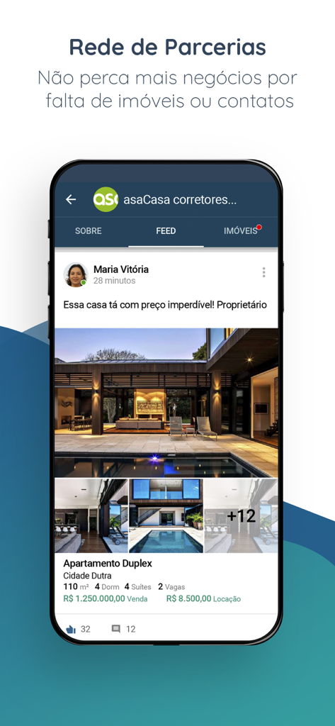 Imobzi app screen showing the partnership network feed with real estate listings and agent profiles