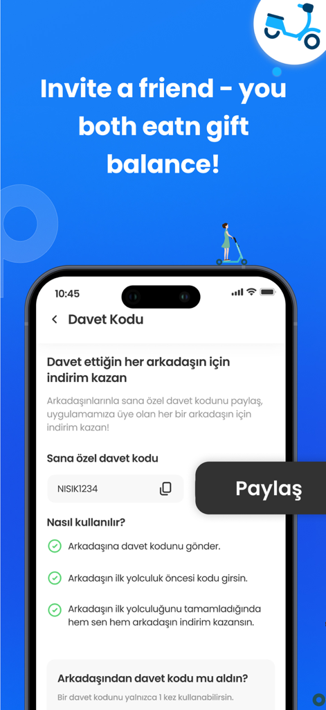 BinBin Scooters - BinBin Scooters app referral screen showing how to invite friends to earn rewards