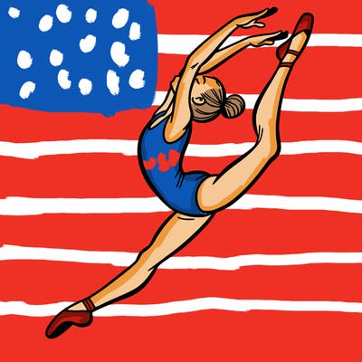 gymnast doing a leap in a leotard with a bent back leg