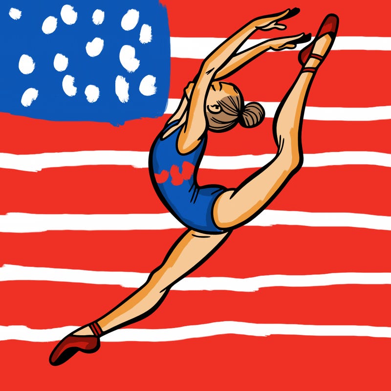 gymnast doing a leap in a leotard with a bent back leg