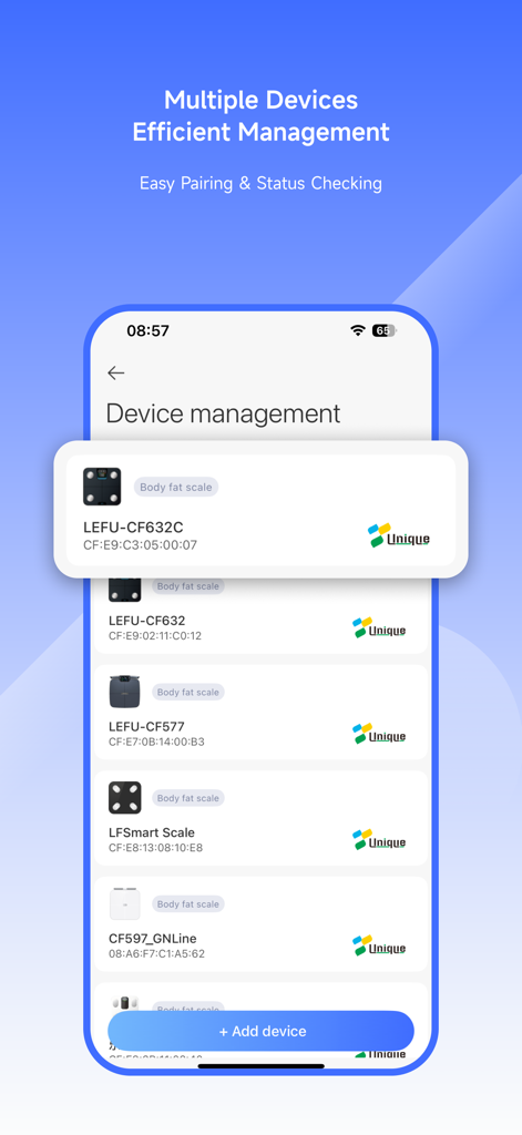 Unique Health app interface showing device management for multiple connected smart scales with an add device option