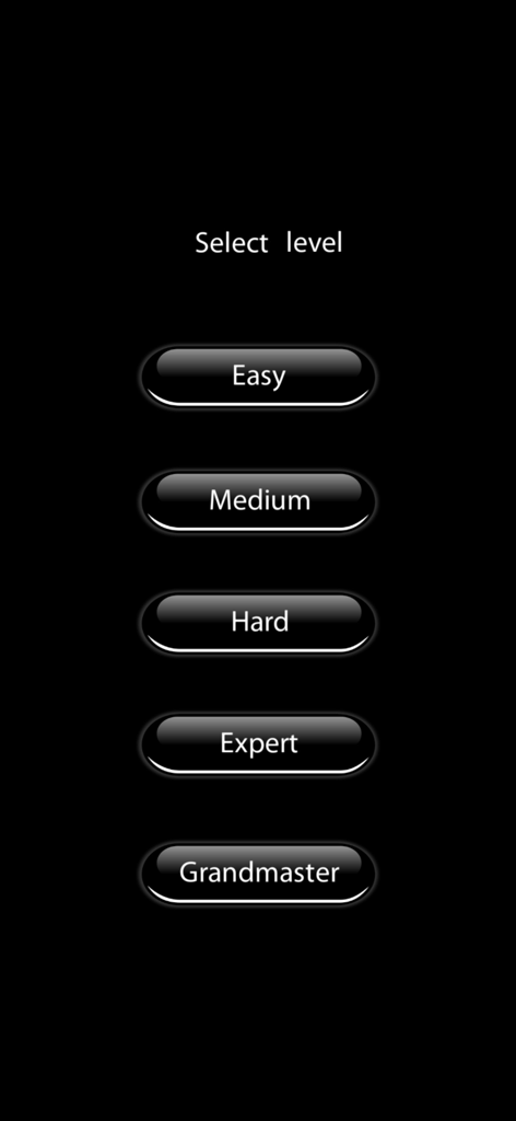 Pantalla de selección de dificultad del juego de ajedrez con cinco niveles desde fácil hasta gran maestro