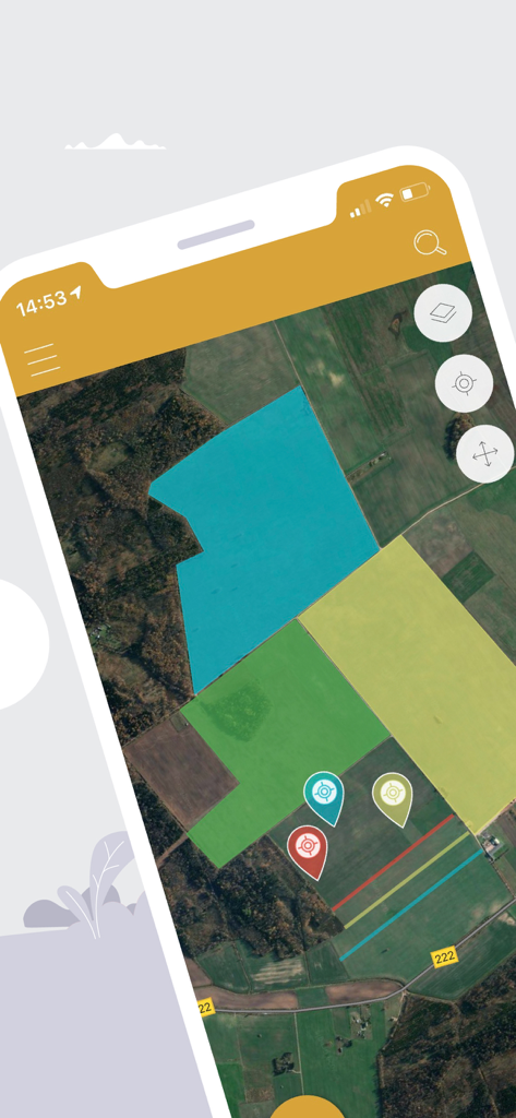 GPS Fields Area Measure Map - Vista de mapa de satélite mostrando vários lotes de terra destacados e pinos de localização no aplicativo