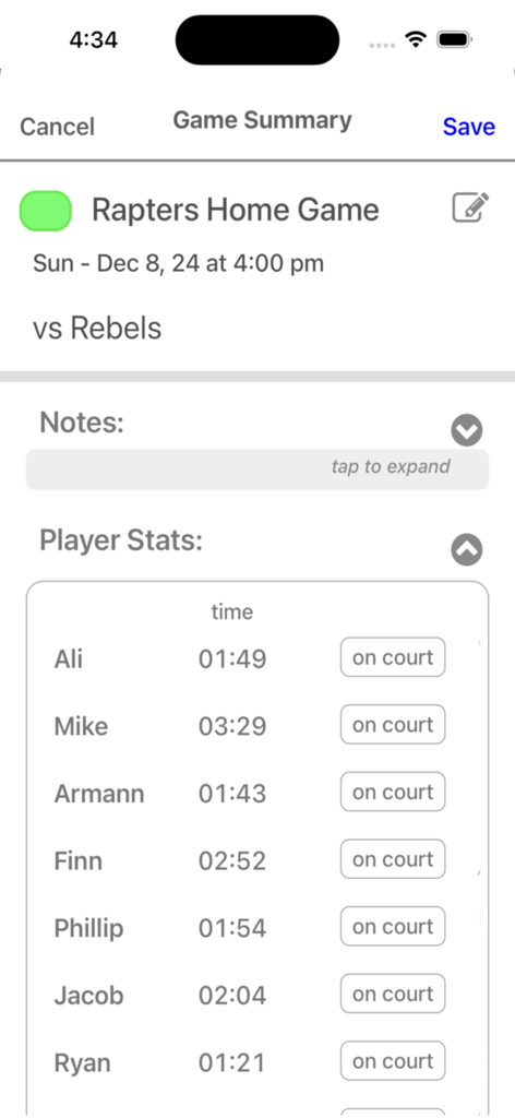 Who's On - Basketball - A basketball coaching app screen showing player names and their total playing time during a game