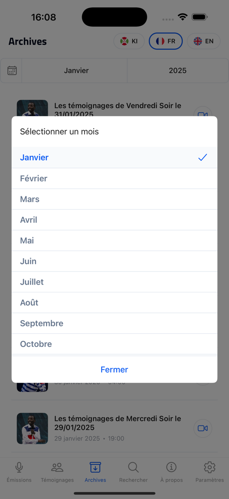 Kanguka - Month selection menu in the archives section of the Kanguka app