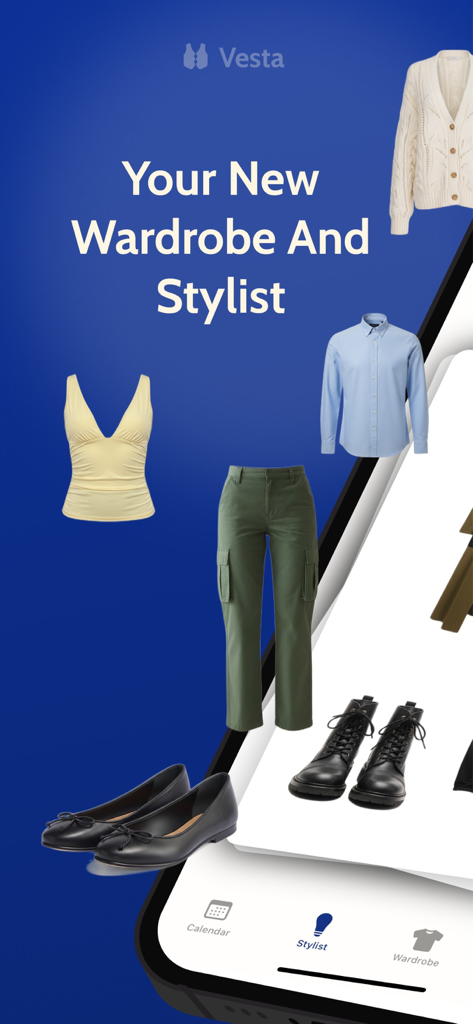 Vesta Wardrobe app interface featuring virtual closet organization and AI personal stylist suggestions