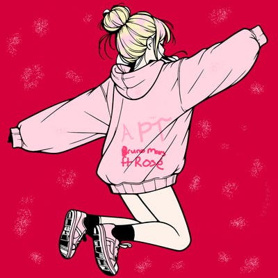 realistic girl jumping with a bun and oversized sweatshirt
