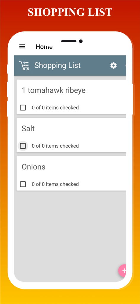 Blackstone Griddle Recipes - Einkaufslisten-Funktion in der Blackstone Griddle Rezepte App mit Zutaten wie Tomahawk Ribeye und Zwiebeln