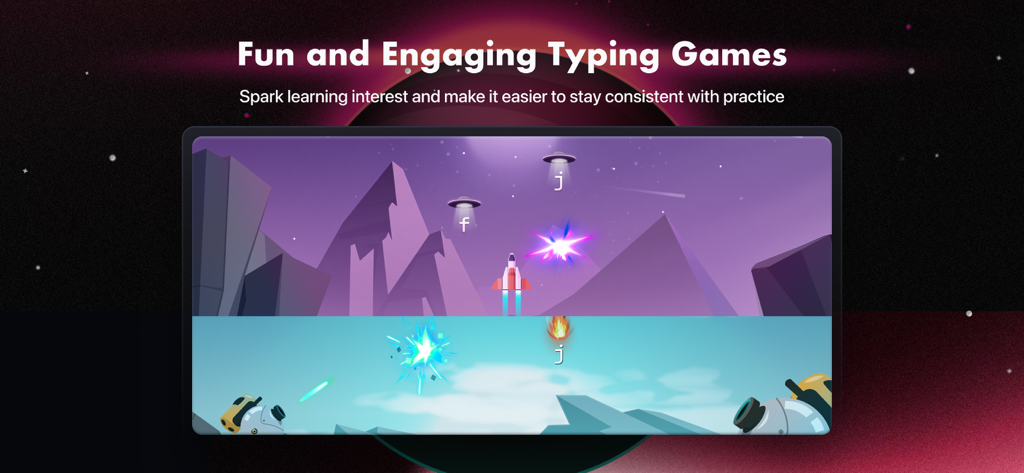 Space themed typing game in TypingPlanet app featuring a rocket and UFOs with letters to type