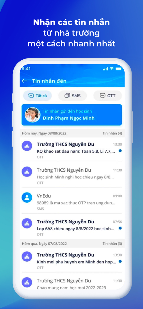 vnEdu Connect - Interface de l'application vnEdu Connect montrant les notifications scolaires en temps réel et les messages pour les parents
