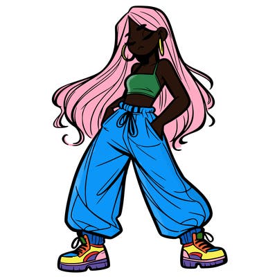 girl in baggy pants crop top and long hair