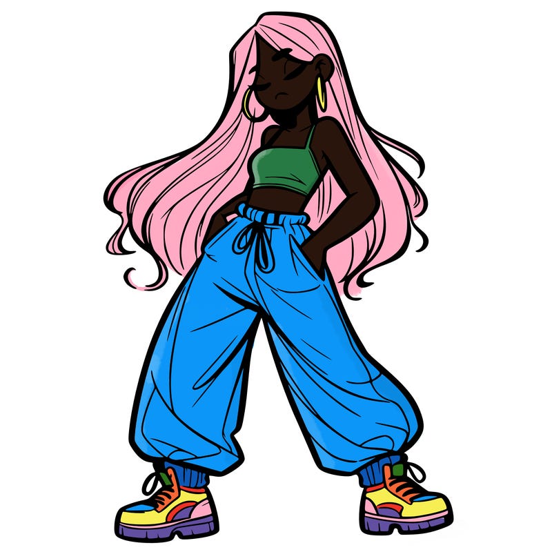 girl in baggy pants crop top and long hair