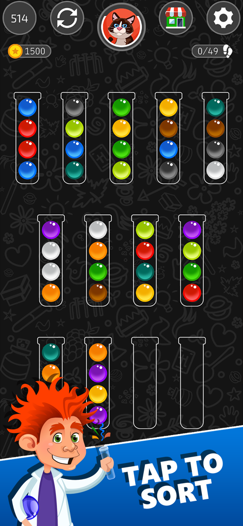 Ball Sort Master - Tela do jogo mobile Ball Sort Master com bolas coloridas em tubos e mensagem de toque para classificar