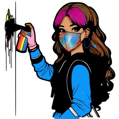 realistic girl with mask spray painting a wall