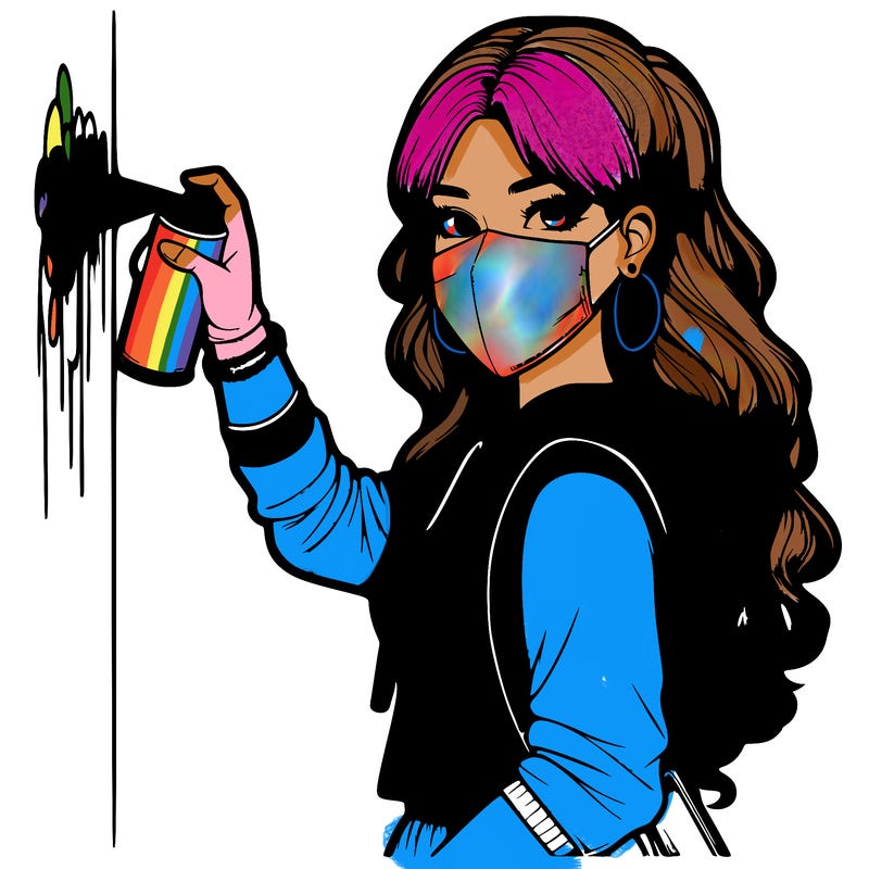 realistic girl with mask spray painting a wall