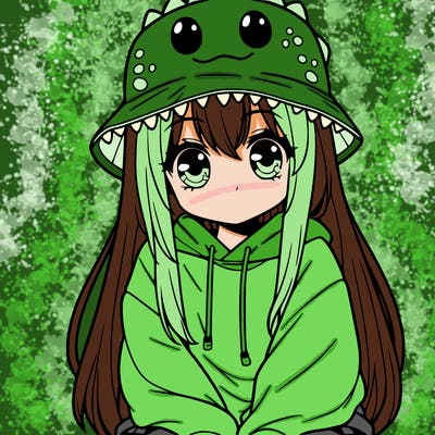 girl with anime shaped eyes with a dinosaur bucket hat oversized sweatshirt long straight hair