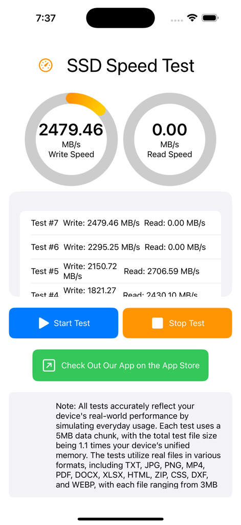 SSD Performance Test - Aplicativo Teste de Velocidade SSD mostrando métricas de desempenho de gravação e leitura com histórico de benchmarks