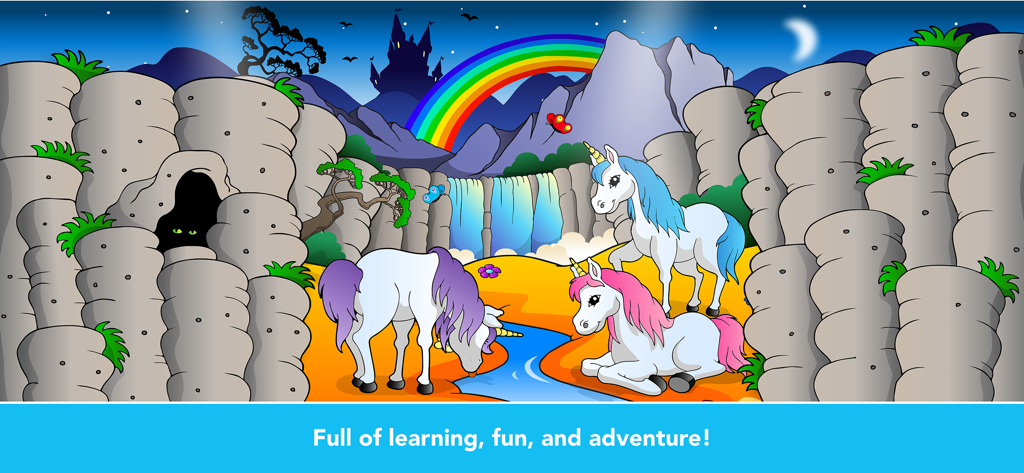 Ilustración colorida de dibujos animados de unicornios en un paisaje mágico con un arcoíris y una cascada