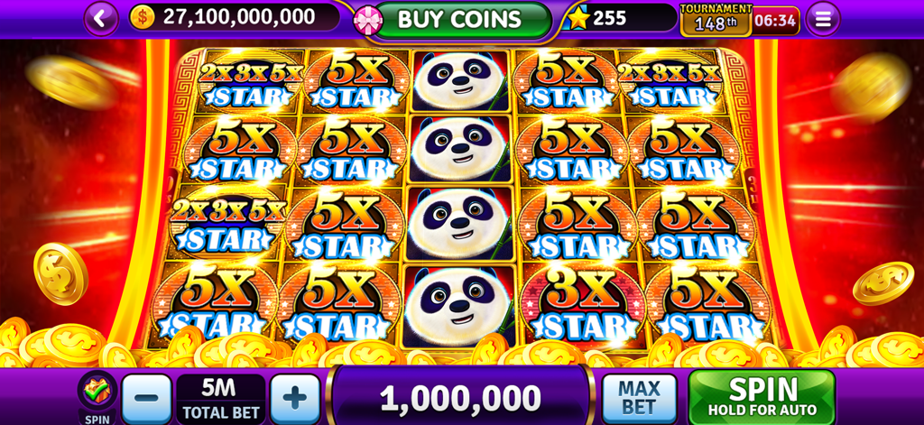 Gameplay des Star Panda-Spielautomaten von Tycoon Casino, das Multiplikatoren und Panda-Symbole zeigt