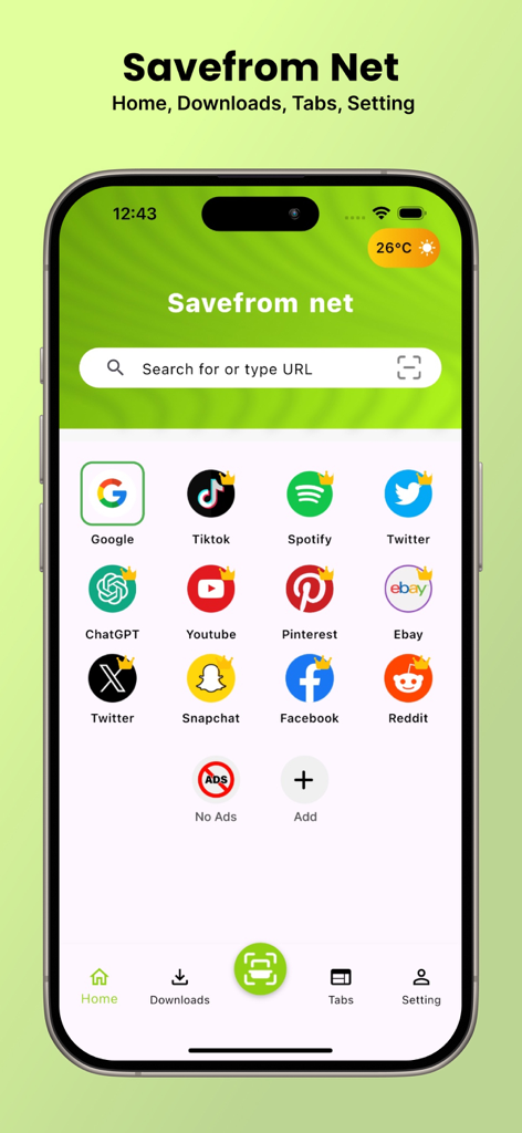 Savefrom browser - Savefrom browser home screen showing search bar and popular social media shortcuts