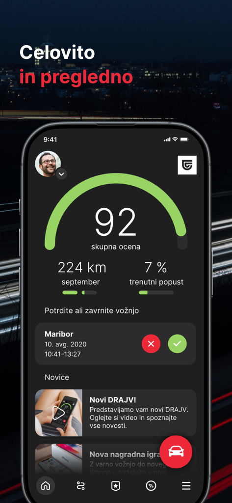 Ein Smartphone-Bildschirm mit dem Dashboard der DRAJV-App, einer Fahrbewertung von 92 und einem Versicherungsrabatt von sieben Prozent.