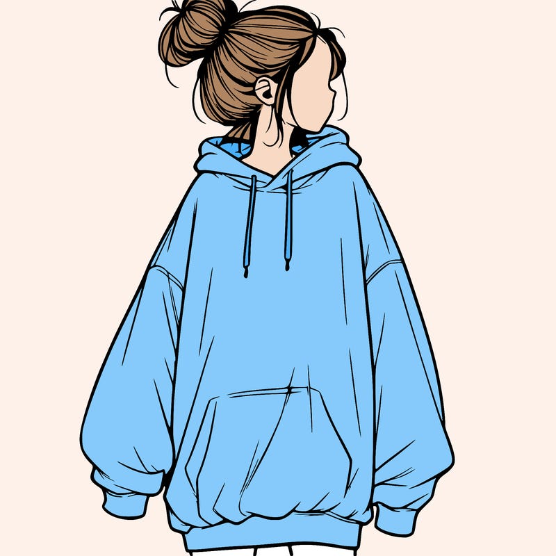 realistic girl with a oversized sweatshirt on and a bun