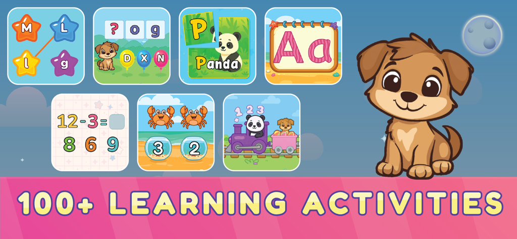 A collection of educational mini games for toddlers featuring a friendly cartoon puppy and various learning puzzles