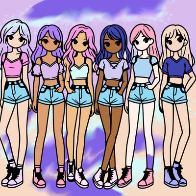 a group of girls wearing crop tops and shorts