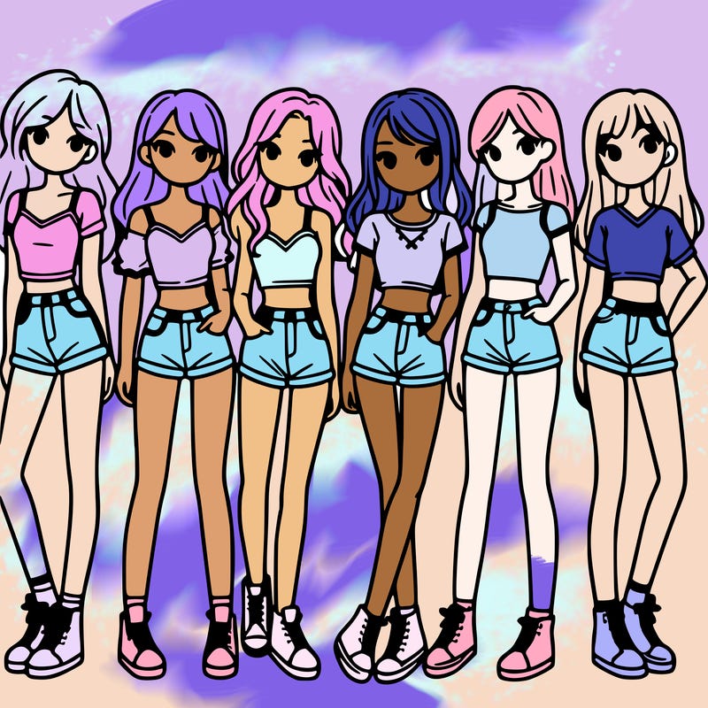 a group of girls wearing crop tops and shorts