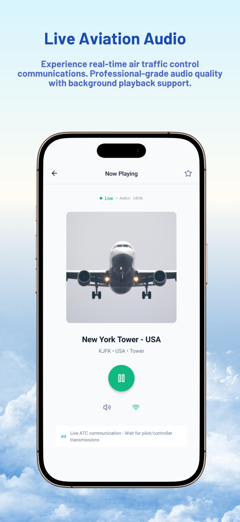 ATC Air Traffic Control - Mobile app interface playing live air traffic control audio from JFK New York airport tower