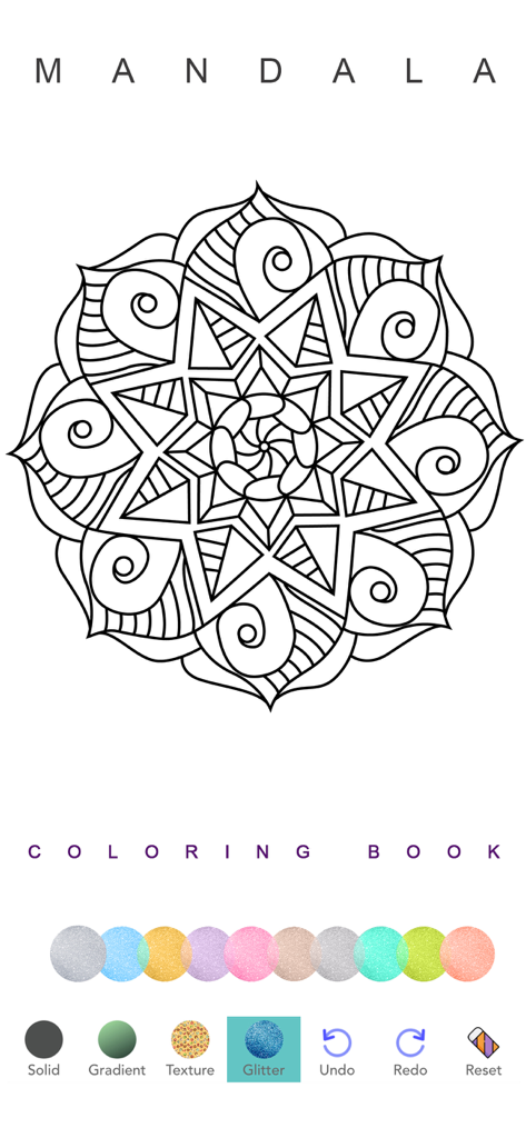 Mandala Coloring Pages Adult - Interface of a mandala coloring app showing a geometric design and glitter color options