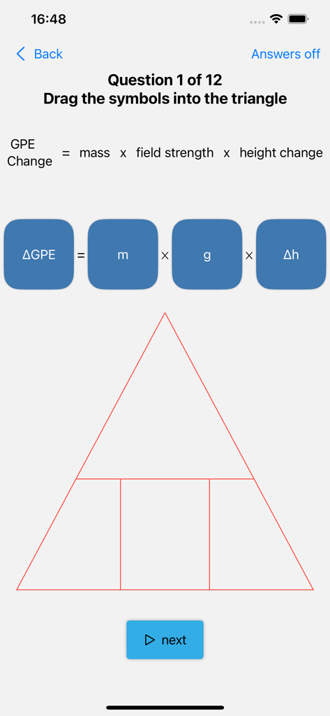 GCSE Equations Physics - Interactive quiz screen for dragging physics symbols into a formula triangle