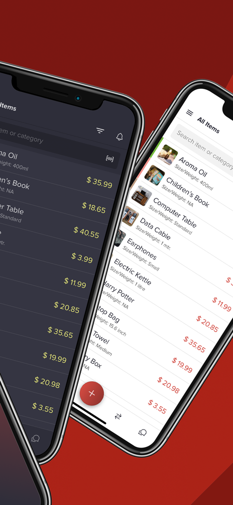 Make Price List & Invoice - Due iPhone che mostrano l'interfaccia dell'app per listini prezzi e fatture in modalità scura e chiara con elenchi di articoli e prezzi