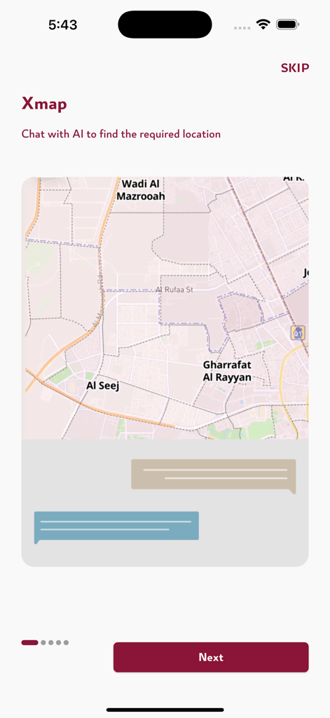 Qatar Aqarat - Screenshot of the Qatar Aqarat mobile app showing the Xmap feature with AI chat for property location searching.