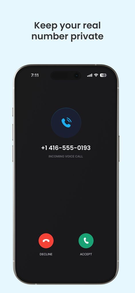SkyTalk app interface showing an incoming call on a private second phone number