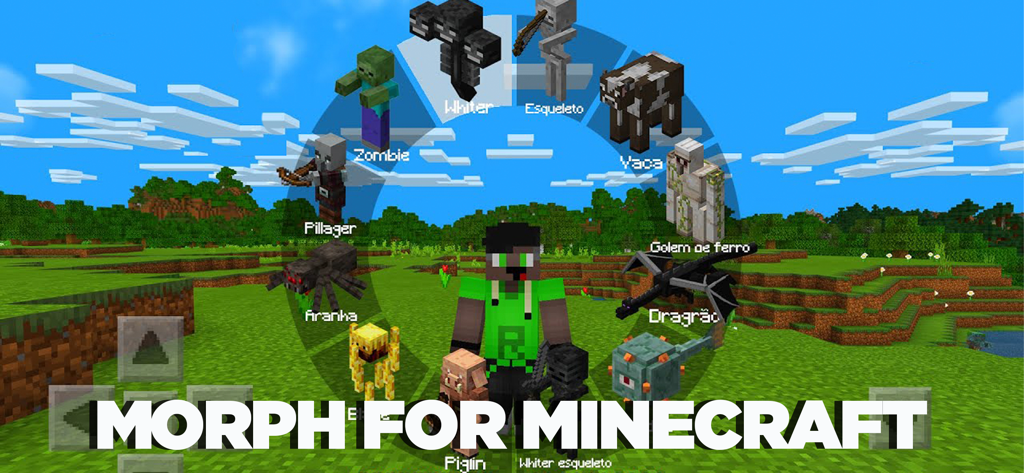 A Minecraft character using a circular menu to select different mobs for morphing transformations