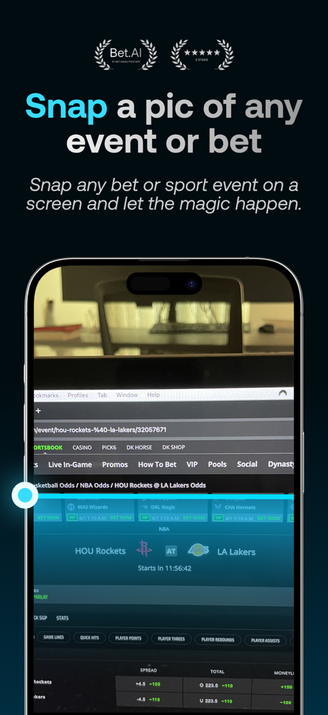 Bet.AI: Betting Assistant - iPhone escaneando cuotas de apuestas de la NBA en una pantalla con la aplicación Bet.AI para un análisis instantáneo