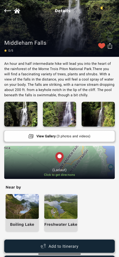Explore Dominica - Explore Dominica app screen displaying hike details and map for Middleham Falls