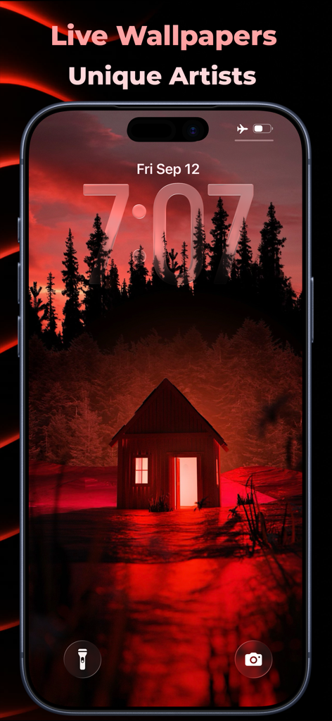 Wallpapers Now - Pantalla de bloqueo de iPhone con un fondo de pantalla animado de una cabaña en un bosque rojo