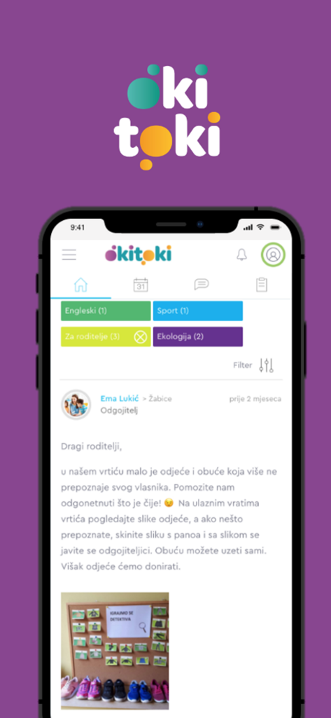 Okitoki - Okitoki mobile app interface showing a teachers update to parents on a private classroom feed
