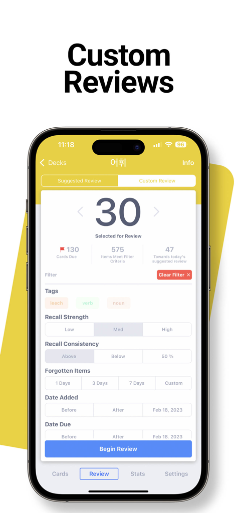 iPhone에서 고급 필터를 보여주는 SmartCards plus 사용자 지정 플래시카드 복습 설정